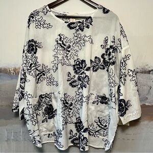CYNTHIA ROWLEY Embroidered Floral Tunic 2X‎ Top NWT Cotton Pockets 3/4 Sleeve
